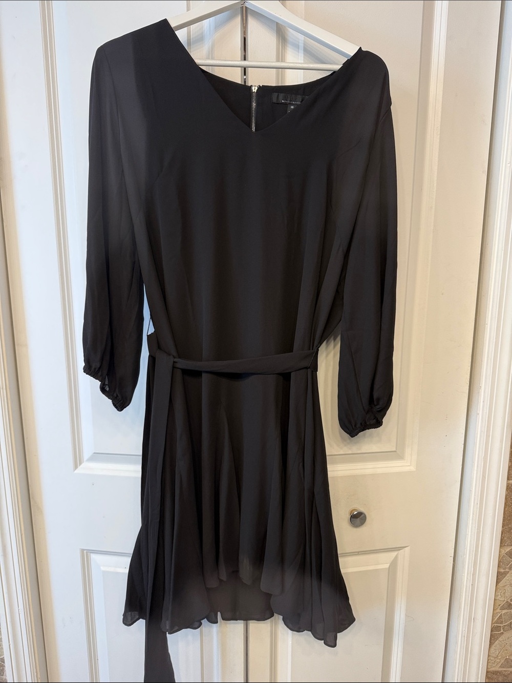 White House Black Market Black V-Neck Long Sleeve Belted Dress. NWOT.